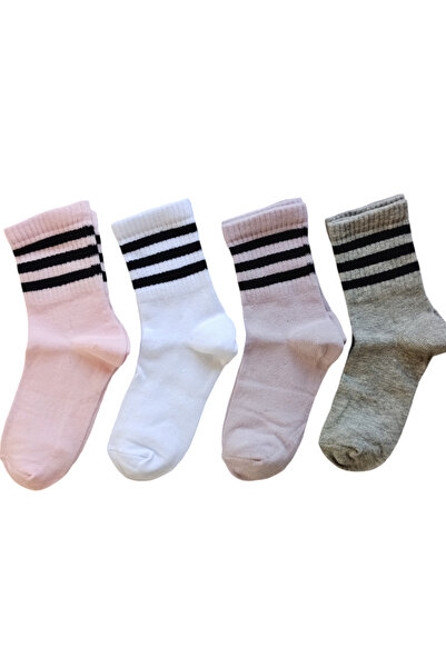Butik Kız Çocuk 4 Adet Renkli Çizgili Kolej Çorap 5-6, 7-8,9-10,11-12 Yaş
