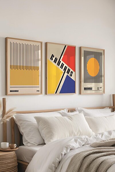 Postifull Bauhaus Tablo Seti, 3 Adet Ahşap Çerçeve ve Poster - Yatak Odası, M...