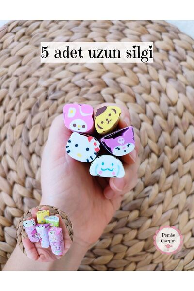 Pembe Çarşı 5'li Uzun Minik Sanrio Silgi Kuromi My Melody Cinnamoroll Pompomp...