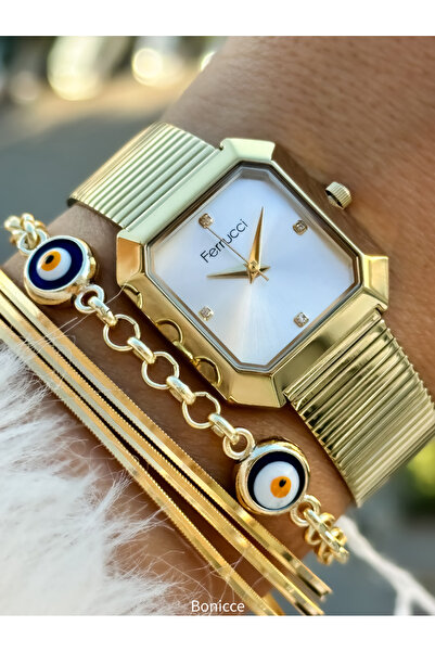 Ferrucci Brand Steel Cord Waterproof Yellow Color Women's Wristwatch+Bracelet