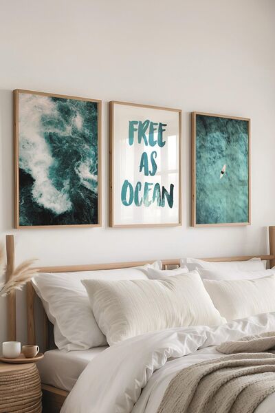 Postifull Soft Blue Painting Set, 3 Pcs Wooden Frame & Summer Poster - Bedroom, Kitchen, Living Room Wall Decor