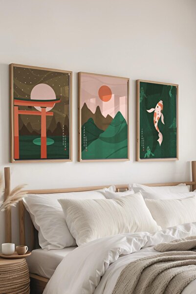 Postifull Renkli Minimaslit Tablo Seti, 3 Adet Ahşap Çerçeve ve Poster - Yata...