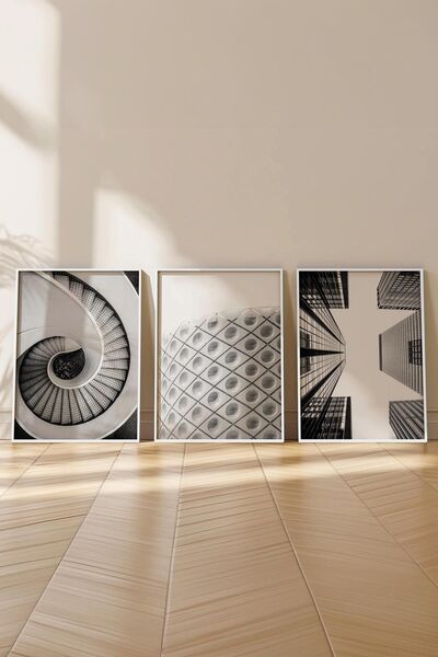 Postifull Black and White Painting Set, 3Pcs White Frame and Architecture Poster - Bedroom, Kitchen, Living Room Decor