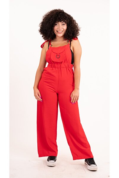 MsLena Butik Red Aerobin Fabric - Gardener Jumpsuit with Single Pocket and Ring Detail No335-8792