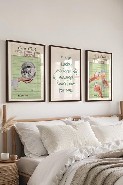 Postifull Yeşil Modern Tablo Seti, 3 Adet Siyah Çerçeve ve Poster - Salon, Mutfak, Yatak Odası Duvar Dekoru