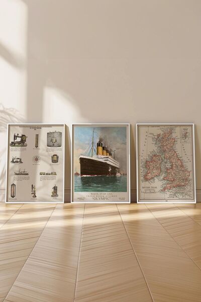 Postifull Vintage Tablo Seti, 3 Adet Beyaz Çerçeve ve Poster - Yatak Odası, Mutfak, Salon Duvar Dekorasyon