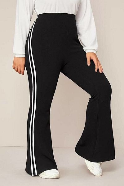 Big Love Women's Large Size Diving Fabric Black and White Striped Flare Leg Trousers
