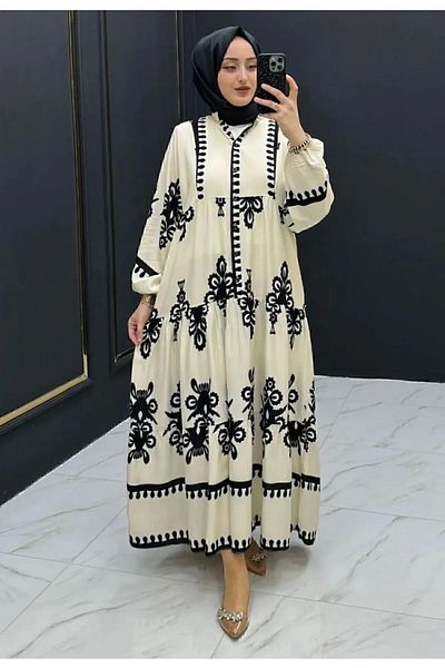 MÇmoda Ethnic Patterned Black Viscose Testature Dress - Loose Fit