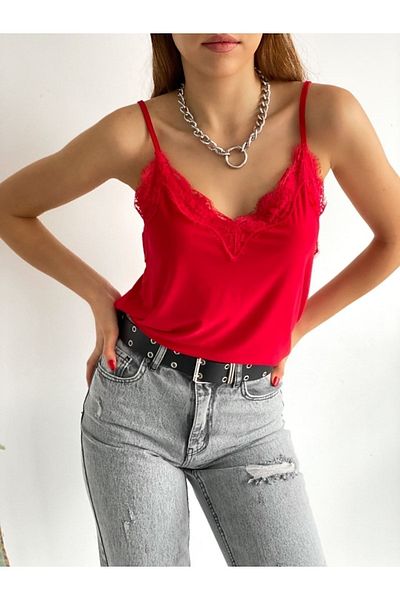 janbely Red Strappy Front Lace Blouse