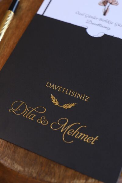 Pixel Davetiye Siyah - 50 Adet Düğün Davetiye Altın Yaldızlı - Düğün - Nişan - Kına Sünnet Davetiyesi-4114