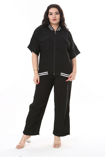 Şans Set bluză și pantaloni neagră de mărime mare - cu fermoar în față, buzunar și detaliu nervurat 65N38192