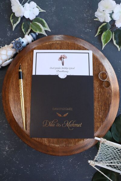 Pixel Davetiye Siyah - 50 Adet Düğün Davetiye Altın Yaldızlı - Düğün - Nişan - Kına Sünnet Davetiyesi-4114