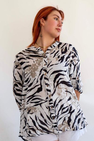 Ekoll بلوزة قميص قطن 100% بطبعة جلد الفهد - كم طويل، كم الكوع، شبشب بتفاصيل ق...