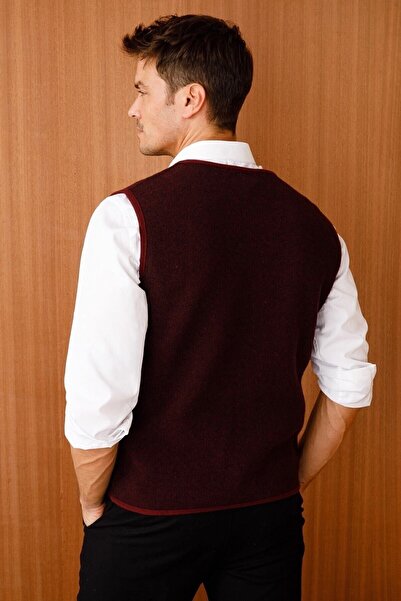 Desen Triko Men's Pique Woven Zippered Pocket Knitwear Vest Claret Red