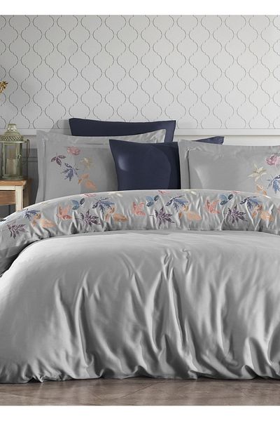 Dantela Gray Bowl Embroidered Duvet Cover Set