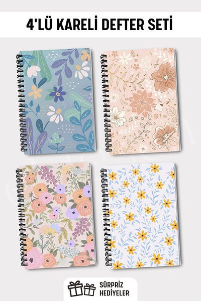 Eldesen Tasarım A5 Size 50 Sheets 100 Sheets - Spiral and Checked School Notebook Set Set of 4