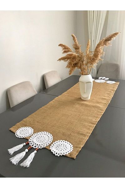 Parla Life Ύφασμα γιούτας πλεκτό με μοτίβο φούντα Runner 40x140