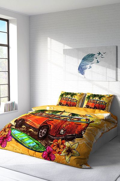 MonoHome Double (With Elastic Sheets) 100% Cotton Satin Duvet Cover Set Caravan