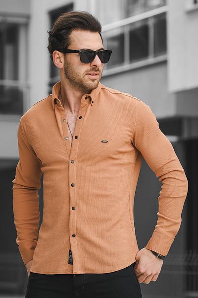 Oksit Yx 16788 Snap Fastener Lycra Slim Fit πλεκτό ανδρικό πουκάμισο