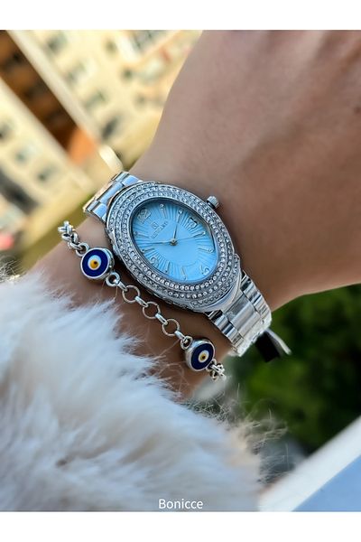 Reward Blue Jewelled Dial Silver Colored Steel Cord Women's Wristwatches - Bracelet
