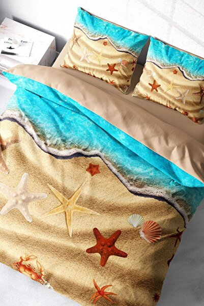 MonoHome 100% Cotton Satin Double Duvet Cover Set with Fitted Sheets Beach Stars