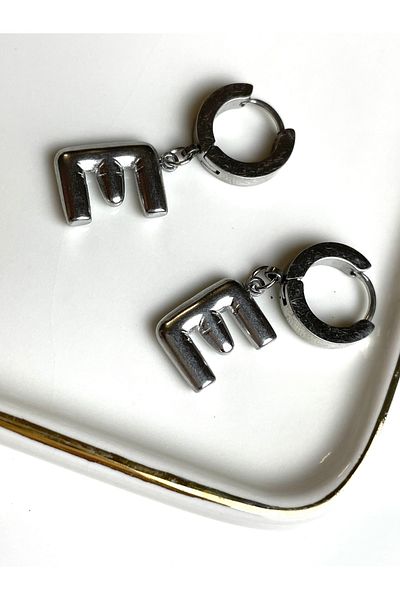 Poison Accessories Silver Colored Steel Letter Hoop Closure Earrings - Letter E