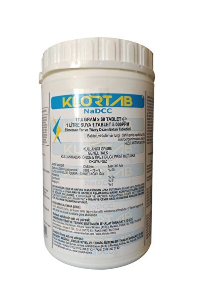 KLORTAB Nadcc 17.40gr X 60 Tablet - Yüksek Etkili Klor Bazlı Yer Ve Yüzey Dez...