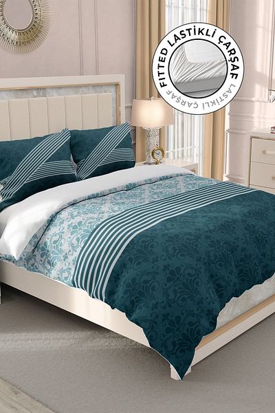 MonoHome Set cuvertură de pilota dublă din satin 100% bumbac cu cearșaf elastic Soft Nefti