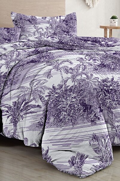 MonoHome Set lenjerie de pat dublu, personalizat, din bumbac țesut, din pânză din satin, colecție Tropical Island Purple