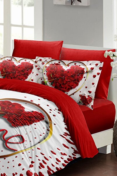 MonoHome Sevgililer Günü Özel Çift Kişilik Nevresim Takımı Pamuk Saten Love Feather