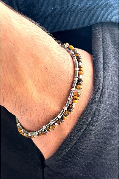 CRAZY TAKI TASARIM Tiger's Eye & Hematite Natural Stone Double Men's Bracelet