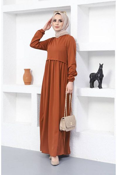 sefamerve Tan 0666-11 Model Gathered Dress