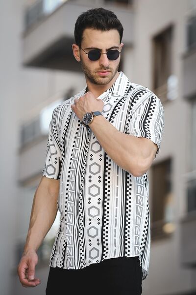 Oksit Gallo Slim Fit Lycra Short Sleeve Kilim Pattern Open Collar Men's Shirt