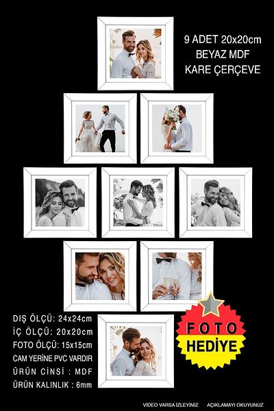 yhfoto 9 Pieces 20x20 Frame - White Frame - Square MDF Frame - Photo Frame Set