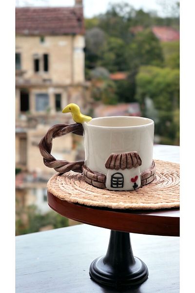 Spica Ceramica House and Yellow Bird Cup, House and Bird Model Handmade Espresso, Turkish Coffee Cup, Gift
