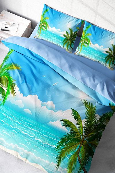 PerlaSera 3D Custom Designed Double Duvet Cover Set - Sik Woven Cotton Satin, Palm