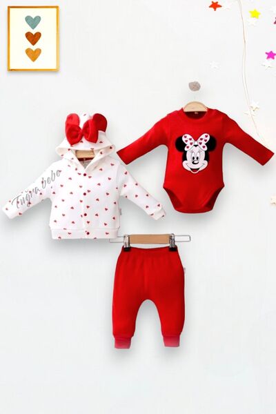 minicayzen Minnie Mouse Heart-shaped Hooded Cardigan 3-Piece Baby Girl Set