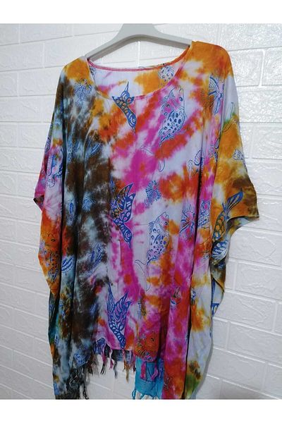anne moda ankara Παρεό Tie Dye Plus Size - 100% υφαντό βαμβάκι, χωρίς λύκρα, φούντα, χαμηλό μανίκι, φαρδύ γιακά