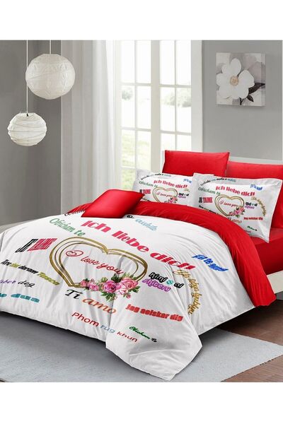MonoHome Double (with Elastic Sheet) Valentine's Day Duvet Cover Set 100% Cotton Satin Love in All Languages