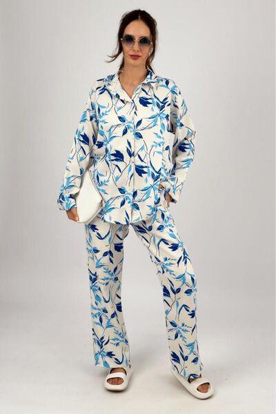 Betimoda Women's 2-Piece Linen Shirt Wide Leg Palazzo Trousers Bottom Top Set