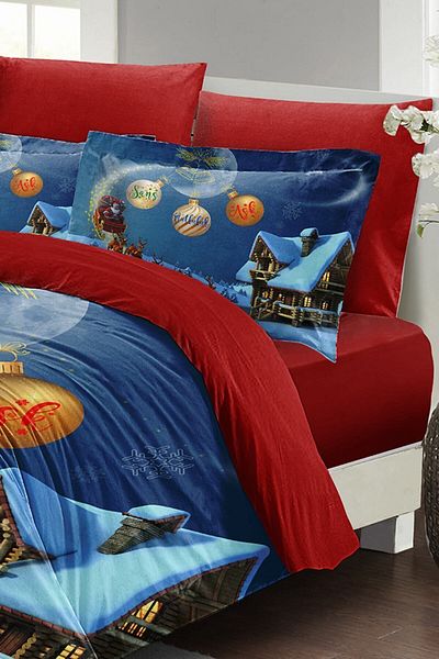 MonoHome Christmas Duvet Cover Set (With Elastic Sheets) Double 100% Cotton Satin Wish Christmas
