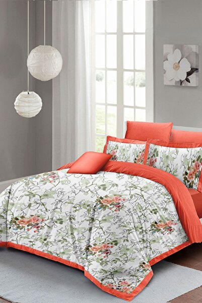 MonoHome Σετ Παπλωματοθήκη Floral Salmon Διπλό Τρισδιάστατο Βαμβακερό Σατέν