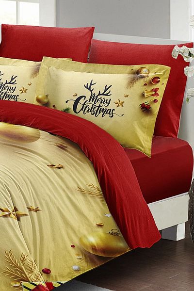 MonoHome Christmas Duvet Cover Set (With Elastic Sheets) Double 100% Cotton Satin Yellow Christmas
