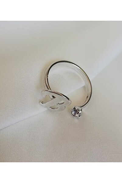 Judas Takı خاتم فضة حرف B - خاتم نسائي بحجر واحد قابل للتعديل