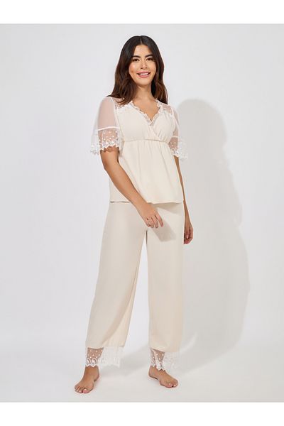 Styli Mesh Sleeve V Neck Top & Pyjama Set