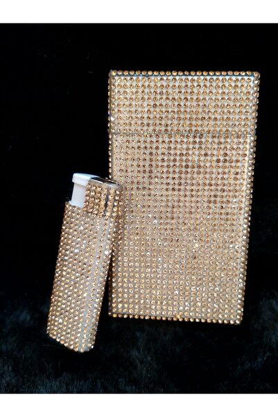 NESGIFT Parlak Gold Taş Kaplama Slim (ince) Uzun Sigara Kutusu Ve Çakmak Seti