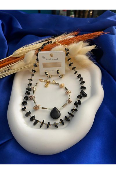 crown atelier Noble of Black Steel Earrings and Natural Stone Necklace and Bracelet