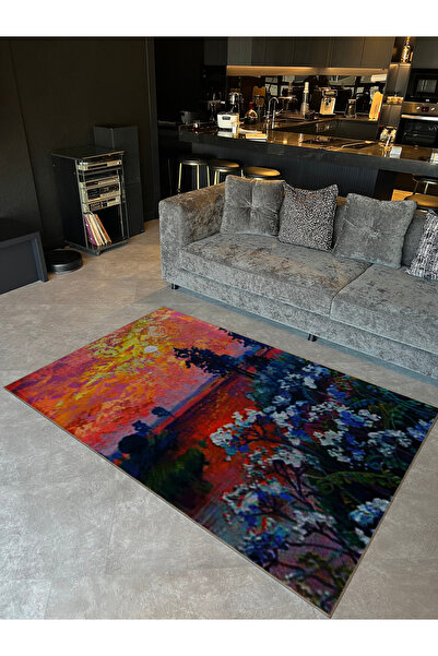 Rugs Modern Halı Pastel Renkli Güneş Ağaçlar ve Çayır Desenli Modern Dekorati...
