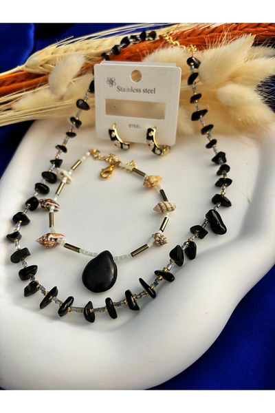 crown atelier Noble of Black Steel Earrings and Natural Stone Necklace and Bracelet