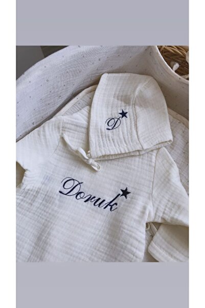 VolleM İsimli Yenidoğan Hastane Çıkışı 2'li 4 Kat Müslin Tulum Set (SIRT NAKI...